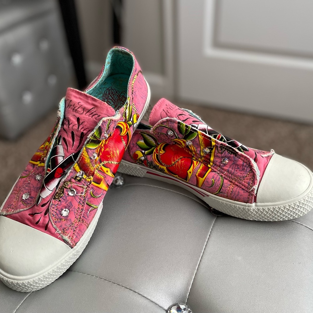 CHRISTIAN AUDIGER Laceless Slip-On BLING Sneakers, Pink/ Red, Size 8, NEW NO BOX